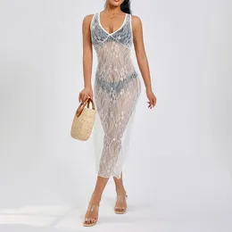 Casual Dresses See-Through Lace Floral Sheer Dress For Women's Summer Sleeveless Beachwear Cover-up Long Party