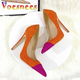 Dress Shoes Fashion Models Patchwork Single Orange Suede High Heels 12CM Thin Heel Women Pointed Toe Pumps 2023 Office Work Stilettos H240325