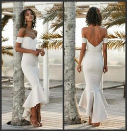 White Charming Mermaid Prom Dresses Sweetheart Short Sleeves Sexy Backless Bridal Gowns High Low Rufflus Frormal Evening Dresses7432029