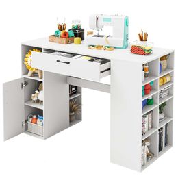 Giantex Craft Storage, 53'' Artwork Table 14 Cube Storage Large Drawer, Cabinet with 2 Shees, 36'' Counter Height Sewing Workstation White