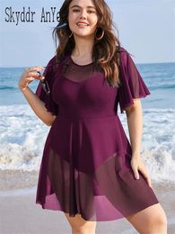 Plus Size Womens Swimwear Solid Mesh Patchwork Ruffle Sleeve Swim Dress Chubby Swimsuit Cover Up Beach Bathing Suit 240318