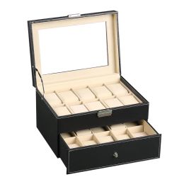 Cases VANSIHO Luxury 2/3/4/5/6/8/10/12/20 Slots Black PU Leather Gift Packaging Watch Storage Box Watch Case For Home