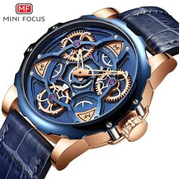 MINI FOCUS Mens Watches Top Brand Luxury Sport style Design Quartz Watch Men Blue Leather Strap 30M Waterproof Relogio Masculino T264y