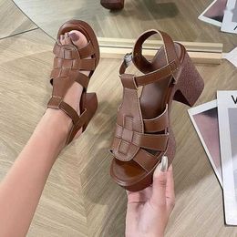 Sandals Women's Retro Chunky Heel Breathable Cutout Buckle Strap Solid Colour