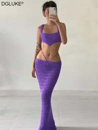 Work Dresses Purple Knitted 2 Piece Set Summer Outfits For Women Sexy Crochet Vacation Beach Hollow Out Long Skirt And Cropped
