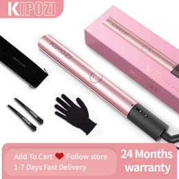 Irons KIPOZI V7 Pro Hair Straightener Curler 2 in 1 Dual Voltage Titanium Straighteners For Salon Auto Shut Off Flat Iron Rose Gold