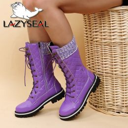 Boots LazySeal Winter Warm Snow Boot Women Shoes Platform Purple Furry Lace Up Shoes Plush Midcalf Boots Big Size 43