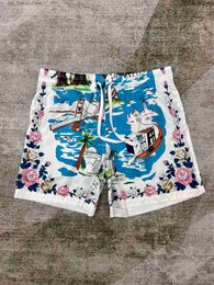 Men's Shorts New Style Hawaiian Ocean Floral Letter Print Casual Silk Shorts Y240320