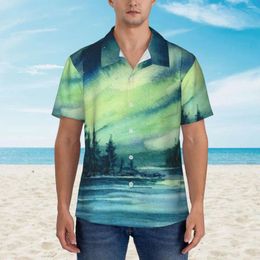 Men's Casual Shirts Watercolour Sky Hawaii Shirt Men Beach Lake Northern Lights Short-Sleeve Breathable Custom Vintage Oversize Blouses