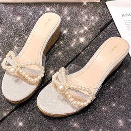 Dress Shoes Transparent Chain Wedges Slippers Pearl Butterfly-Knot One Word Strap Platform Women Sweet Fairy Style High Heels Sandals H240325