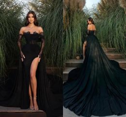 Arabic Dubai Black Split Evening Dreses Sexy Off Shoulders Backless Long Sleeve Prom Gowns With Detachable Long Skirt Custom Made BC15243