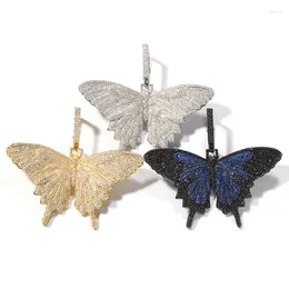 Pendant Necklaces Hip Hop 3A Cubic Zirconia Paved Bling Out CZ Butterfly Pendants For Men Women Rapper Jewelry Pink Gold Color