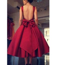 Red Satin Ball Gown Calf Length Womens Prom Dresses Backless Plus Size Girls Birthday Party