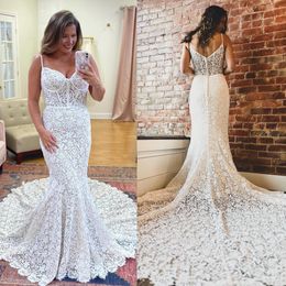 Allover Lace Wedding Dress 2024 Boho Outdoor Modern Mermaid Spaghetti Neck Sleeveless Bridal Gown for Bride Long Chapel Train Covered Button Bohemian Cowgirl Ivory