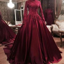 Burgundy Satin Long Sleeves High Neck Muslim Arabic Prom Dresses 2021 Lace Applique Beaded Formal Evening Gowns Vestidos De Fiesta3587883