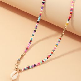 Colorful Rice Bead Necklace Choker Collar Double Layer Shell Pendant Necklace for Women Summer Fashion Jewelry