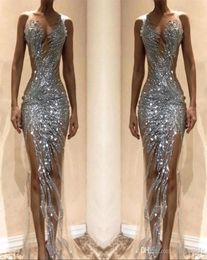 Gorgeous Silver Mermaid Prom Dresses 2022 Sexy See Through Sequins Bodice Split Long Women Occasion Evening Gowns Custom Made3214776
