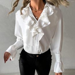 Women's Blouses Women Casual Solid Buttons Clothes Ruffled Long Sleeve V Neck Shirt Top Womens Classic T Shirts Blouse Loose Tops 2024