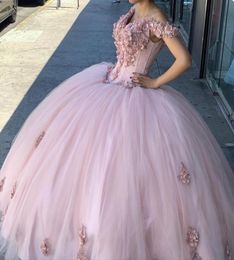 Pink Beaded 2021 Quinceanera Dresses 3D Floral Lace Appliqued Off The Shoulder Flower Sweet 16 Dress Pageant Gowns vestidos de 15 2946925