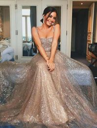 Rose Gold Sparkly Prom Dresses 2019 Spaghetti A Line Backless Sweep Train Modest Arabic Evening Party Special Occasion Gowns Cheap3660327