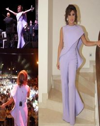 Lavender Jumpsuit Women Arabic Prom Evening Dresses 2019 Jewel Neck Plus Size Formal Party Wear Cheap Sheath Ruffled Celebrity Gow4019484