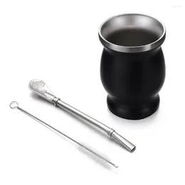 Teaware Sets 8oz Yerba Mate Gourd Set Easy To Clean Black Stainless Steel Cup Straw Cleaning Brush