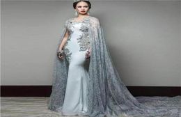 2020 New Mermaid Evening Dresses With Lace Cape Sheer Bateau Neck Beaded Plus Size Formal Dress Sweep Train Satin Prom Go3249373