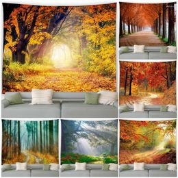 Tapestries Autumn Forest Tapestry Natural Maple Tree Yellow Falling Leaves Rustic Landscape Fall Garden Wall Hanging Home Living Room Decor