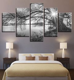 Canvas Pictures For Living Room Wall Art Poster Framework 5 Pieces Lakeside Big Trees Paintings Black White Landscape Home Decor2872897
