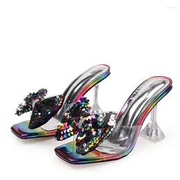 Pantofole trasparenti pvc cristallo chiaro da donna tacco di moda bilance di pesce in fila tacchi alti muli femmine scivoli sandali estivi scarpe