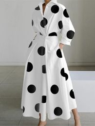 Autumn Dress Long Sleeve Dot Print Elegant Maxi Dresses For Women White Casual V Neck Shirt Party Robe Femme 240318