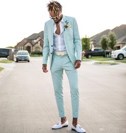 2019 Mint Green Mens Suits Slim Fit Two Pieces Beach Groomsmen Wedding Tuxedos For Men Peaked Lapel Formal Prom Suit JacketPants1667543