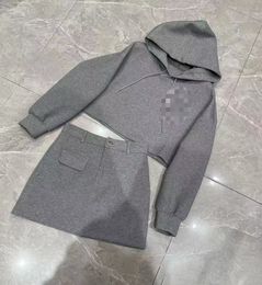2024 Spring Gray/Khaki Sport Hooded Women's Two Pieces Dress Designer Long Sleeves hooded Women's Hoodies And Short Skirts Sets 3202