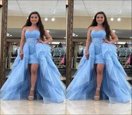Light Sky Blue Lace Prom Dresses Ball Gown Detachable Train Ruffles Beaded Sashes Strapless Sweet 16 Dress Evening Gowns Party For1381511