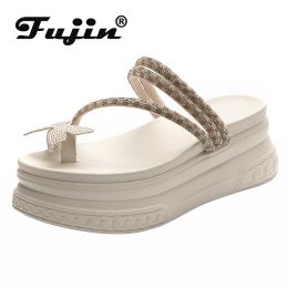 Boots Fujin 7cm Rhinestone Genuine Leather Women Slippers Platform Flip Flops Wedge Slip on Platform Flats Elegant Women Summer Shoes
