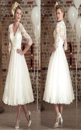 Vintage V Neck 34 Long Sleeves Lace A Line Wedding Dresses 2020 Tulle Applique Tea Length Short Bridal Wedding Gowns BM16502296320