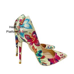 Dress Shoes New Embroidered Graffiti High Heels 12CM Fashion Pointed Toe Womens Pumps Plus Size Chinese Style Shallow Mouth SingleOZ44 H240321