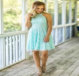 Mint Lace Bridesmaid Dresses 2019 Country Beach Weddings with Pearls High Neck and Zipper Back Fully Lace Lady Mini Formal Dress C9288306