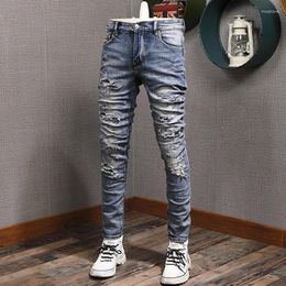 Men's Jeans Street Fashion Men Retro Blue Stretch Skinny Fit Ripped Painted Designer Beading Patched Hip Hop Brand Pants