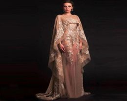 2020 New Unique Arabic kaftan champagne chiffon gown sexy transparent decals evening dress in dubai and dubai party shawl robes3872375