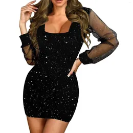 Casual Dresses 2024 Sequins Dress Women Elegant Party Evening Gowns Robe Sexy Mesh Long Sleeved Bodycon Mini Vestidos