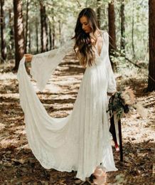 2023 Country Style Boho Lace Wedding Dresses Gown With Long Flare Sleeve V Neck A Line Beach Bridal Gowns Bohemian Plus Size Bride4229521