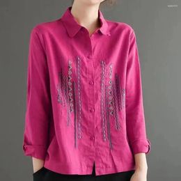 Women's Blouses Breathable Long-sleeve Top Embroidered Lapel Shirt For Women Loose Fit Long Sleeve With Single Breasted Detail Stylish