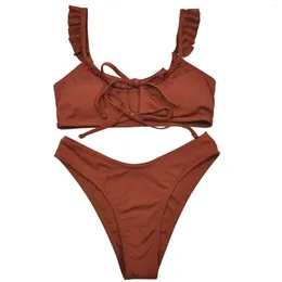 Women's Swimwear Sexy Ruffled Straps Hollow Tie Split Swimsuit Solid Colour Bikini Large Top Medium Bottom Girls Sunflower 6