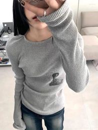 Women's T Shirts Deeptown Y2K Harajuku Graphic Women Grunge Kpop Ribbed Knitted Tees Vintage Slim Long Sleeve Top Fairycore 2000s Korean