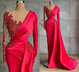 Fabulous Red Evening Dresses Modest Long Sleeves Sheer Neck Beadings Pearls Formal Party Gowns Arabic Celebrity Met Gala Wears BC93429129