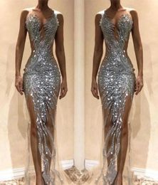 Sexy Silver Sequined Mermaid Prom Dresses Front Split See Through Evening Gowns Special Occasion Party Dress2714505