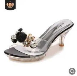 Dress Shoes 2020 Summer Women Slippers Crystal Flowers 6.5CM High Heels Mules Slides Lady Transparent Flip Flop Jelly Sandals H240321