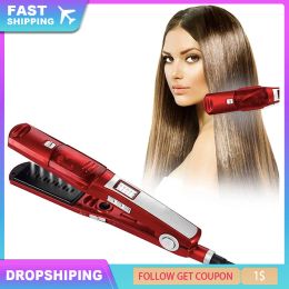 Irons Hair Straightener with Steam Salon Professional Nano Titanium Ceramic Steam Flat Iron with Removable Comb Digital LCD 5 Level