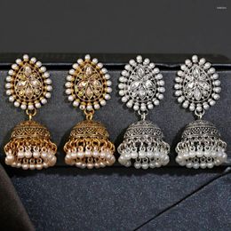 Dangle Earrings Retro Bell Drop For Women Pearl Inlay Hollow Flower Zircon Lantern Beaded Pendant Gypsy Jewelry